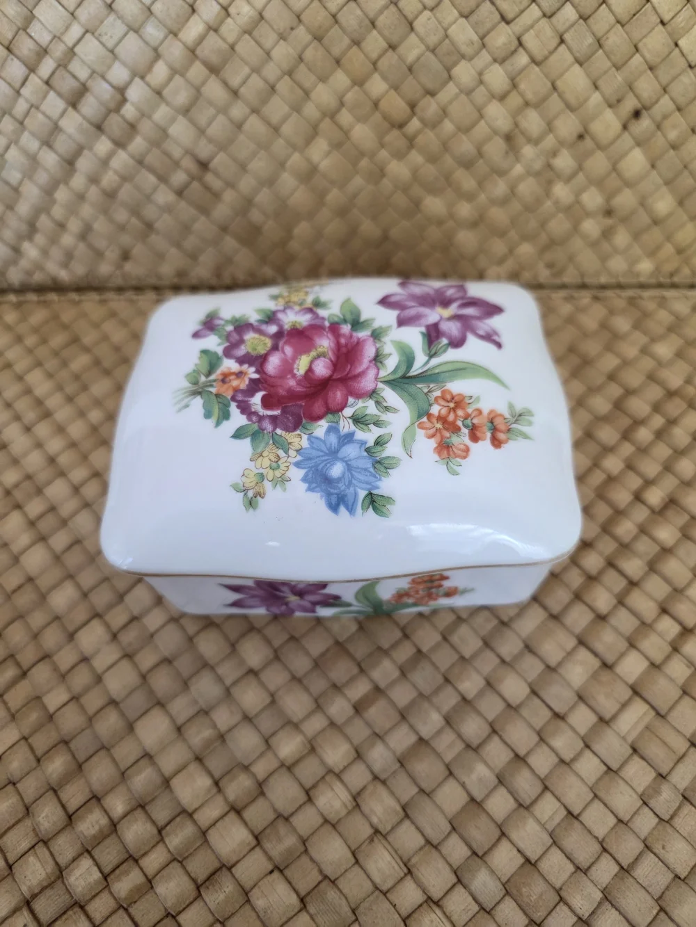 Porcelain Floral Trinket Box - White with Multicolor Flowers